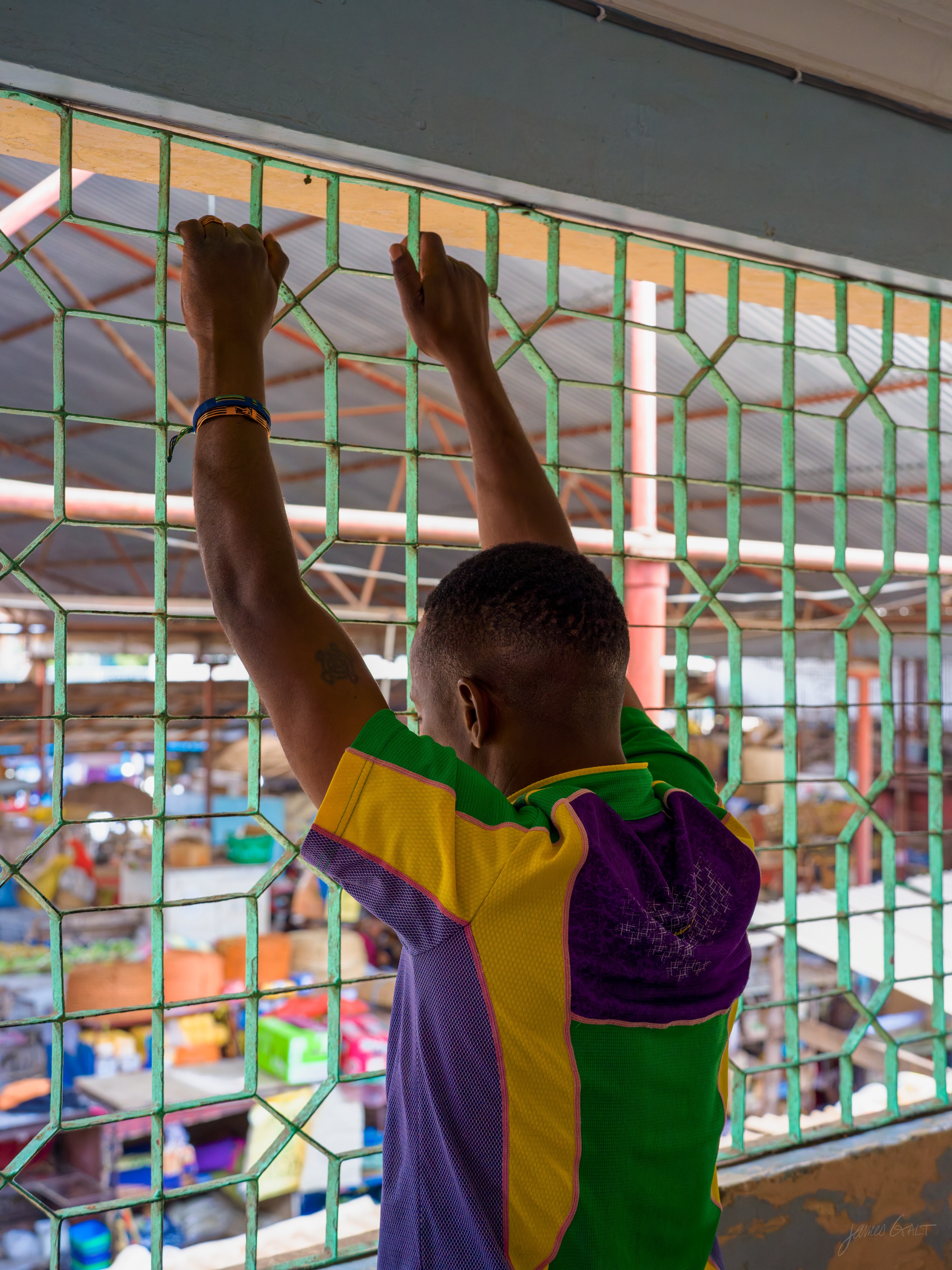 The same young man in colour, in a green, yellow and purple polo shirt, arms raised to the diamond grille of a market stall.