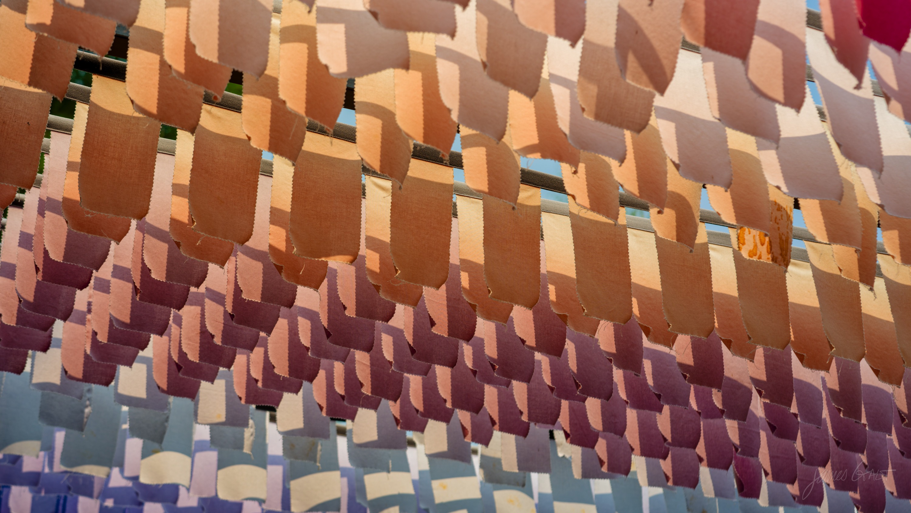 A dense overhead canopy of small hanging paper squares in pink, peach and lilac, backlit by the sky.