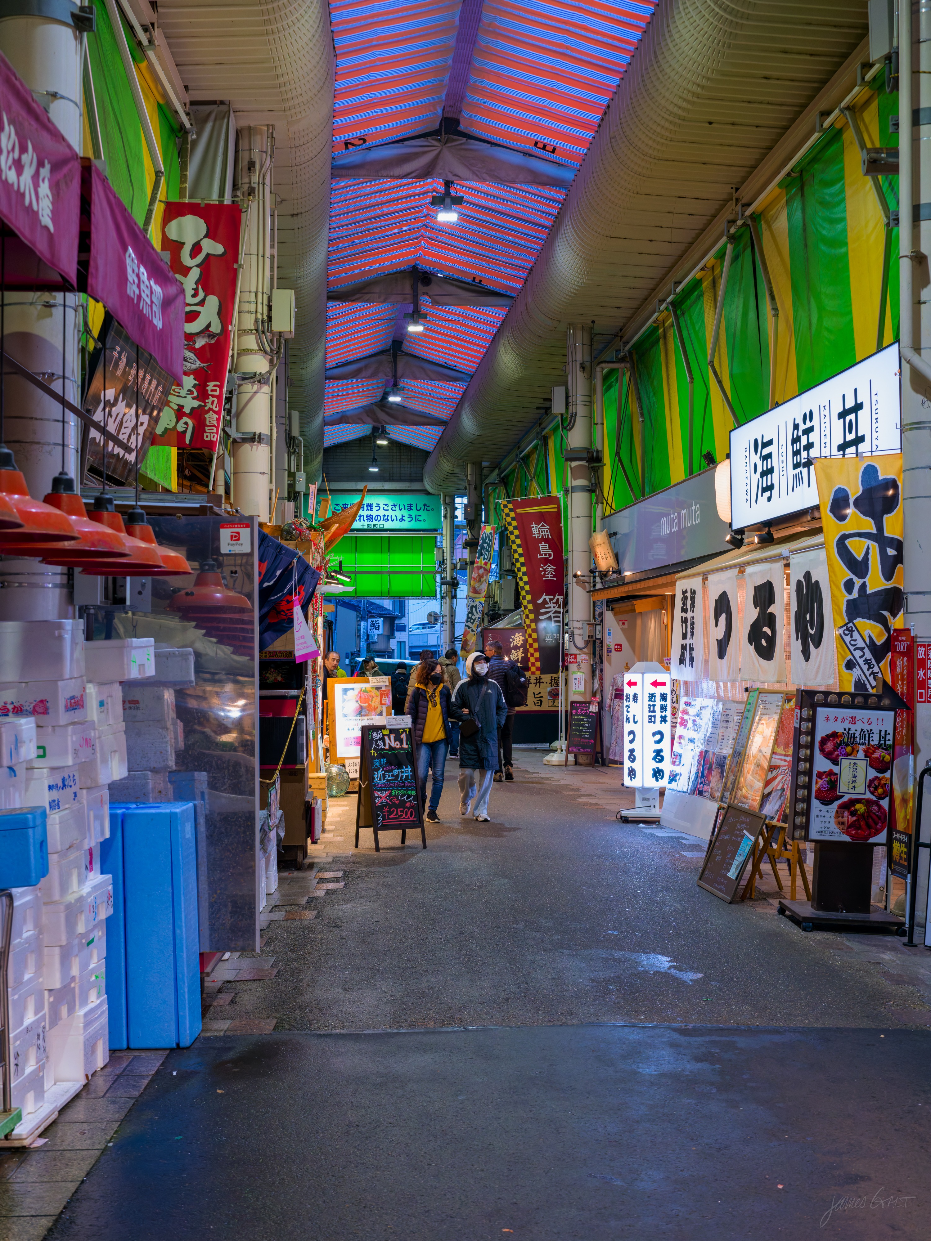 The interior of a covered market arcade, a long aisle under a corrugated roof with green and yellow awnings and vertical shop banners on both sides, red baskets of produce, and a few shoppers walking down the middle.