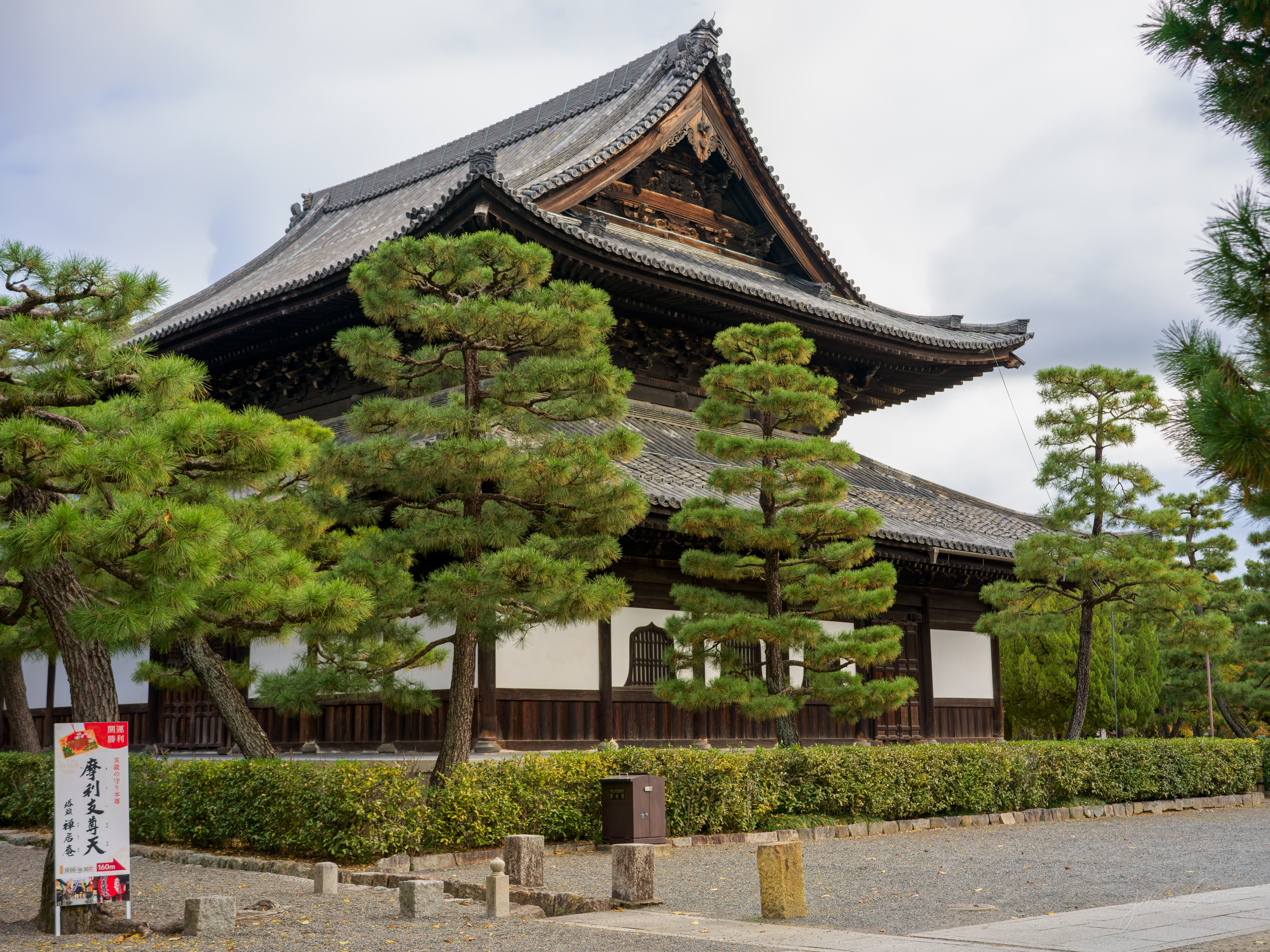 A large dark-timber Zen temple hall with a steep tiled hip-and-gable roof, fronted by carefully shaped pine trees and a low clipped hedge. A tall red banner stands at the left, gravel forecourt in front under a grey sky.