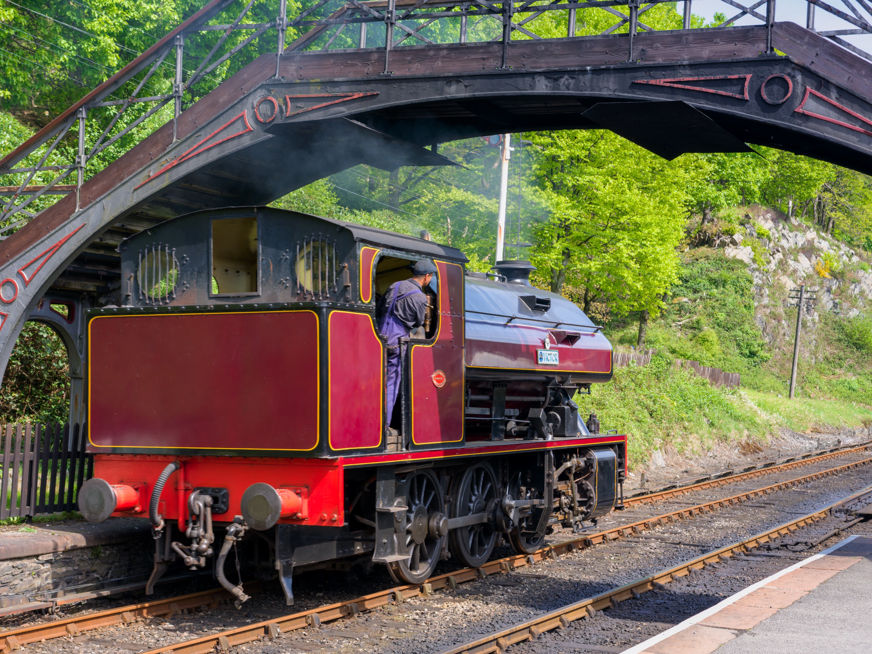 A maroon steam tank locomotive stopped under an ornate iron footbridge at a station, steam drifting up, the driver leaning out of the cab, green trees and a rock cutting behind.