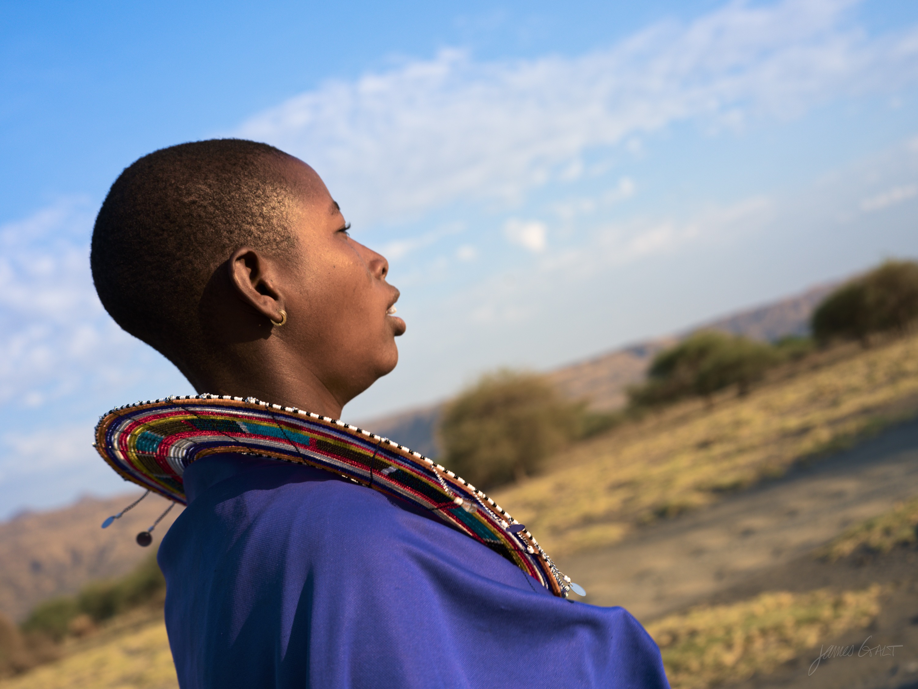 The same woman in colour, in a deep blue and purple shuka, looking up and to the side, warm morning light on her face against soft grassland.