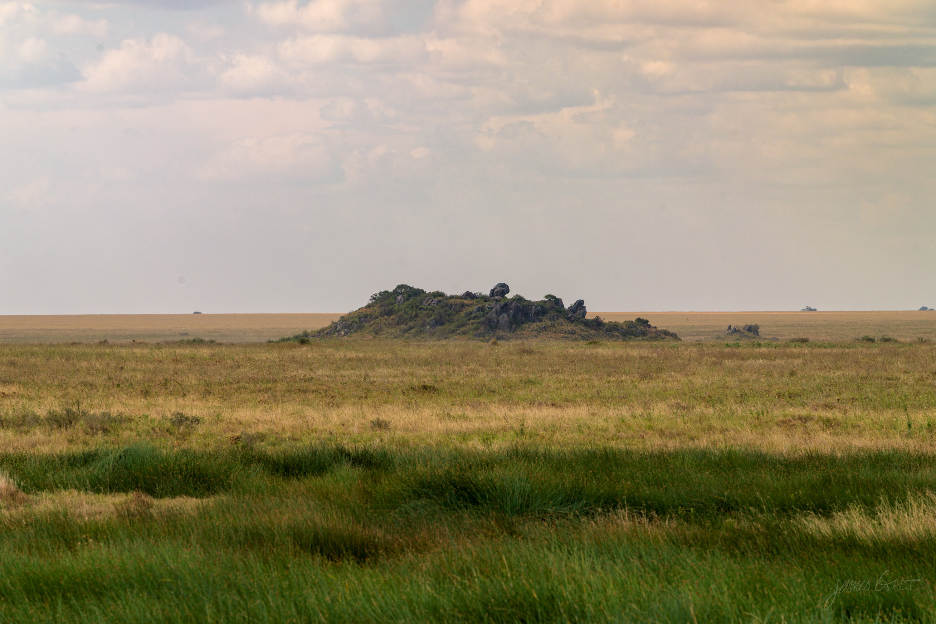 A rounded pile of grey granite boulders rising from open grassland, a few trees growing among the rocks, plains stretching away behind.