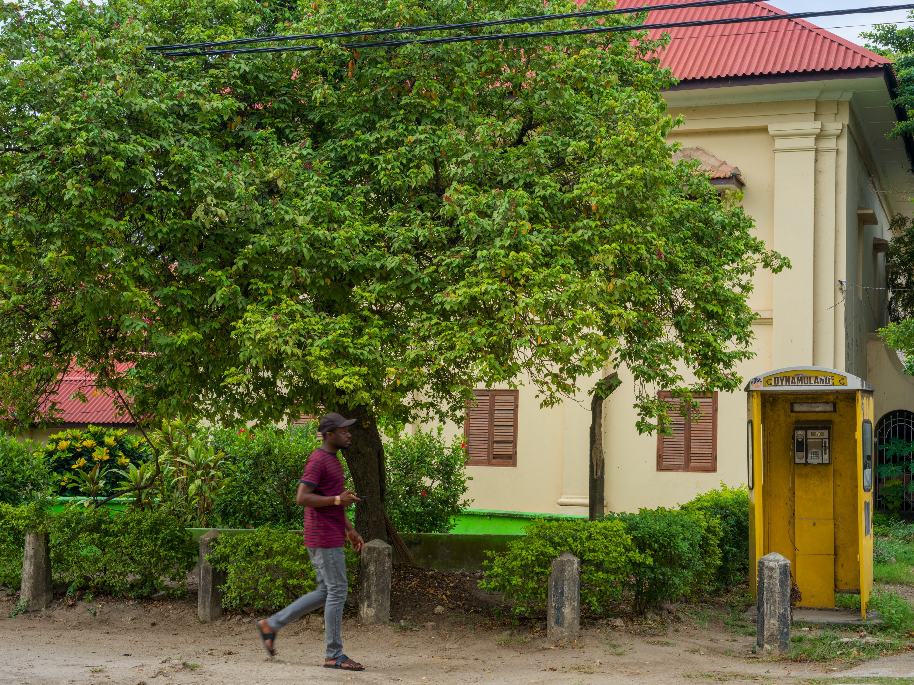 A person walking across a quiet open area in front of a large colonial-era building with shuttered windows, trees and a yellow post nearby.