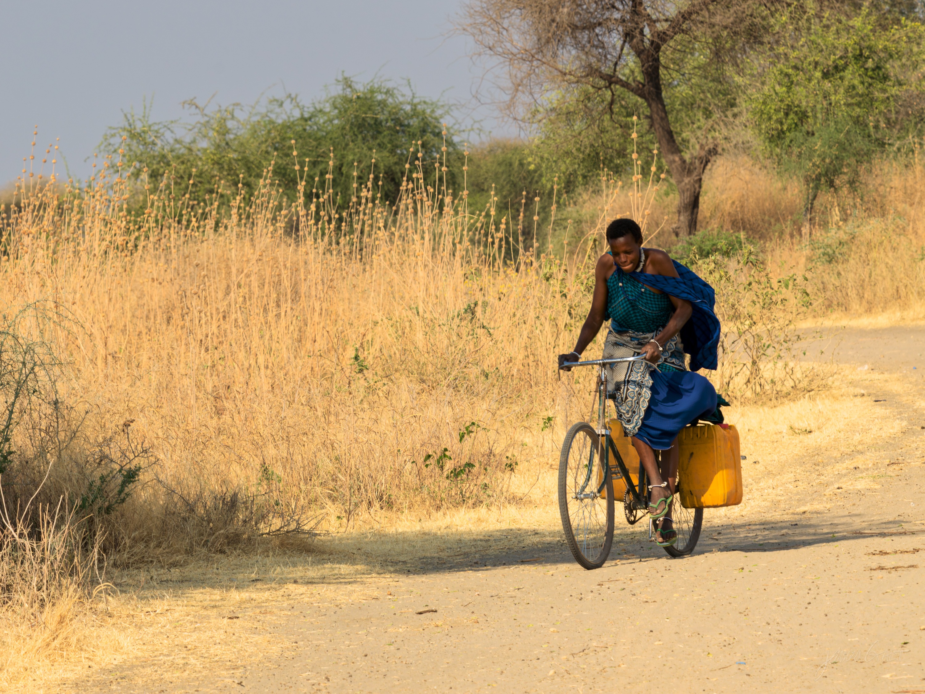 A man cycling along a dirt road through tall dry grass, yellow jerry cans on the bike, trees along the roadside in afternoon light.