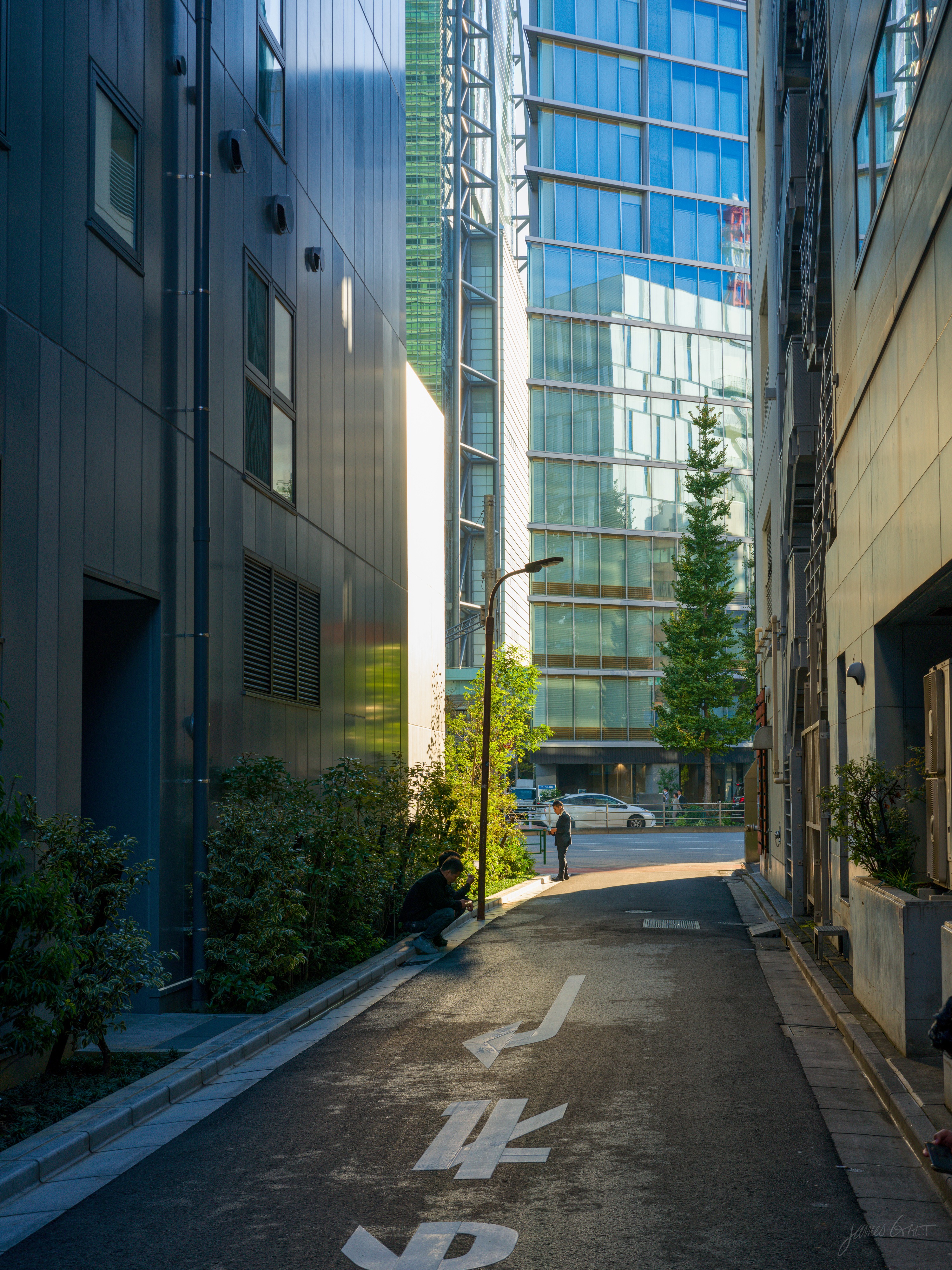 A narrow side street in low afternoon sun, lined by a metal-clad building on the left and a stone facade on the right, with a single street tree and a glass office tower closing off the far end. A lone figure walks away down the lit road, painted markings on the asphalt in the foreground.