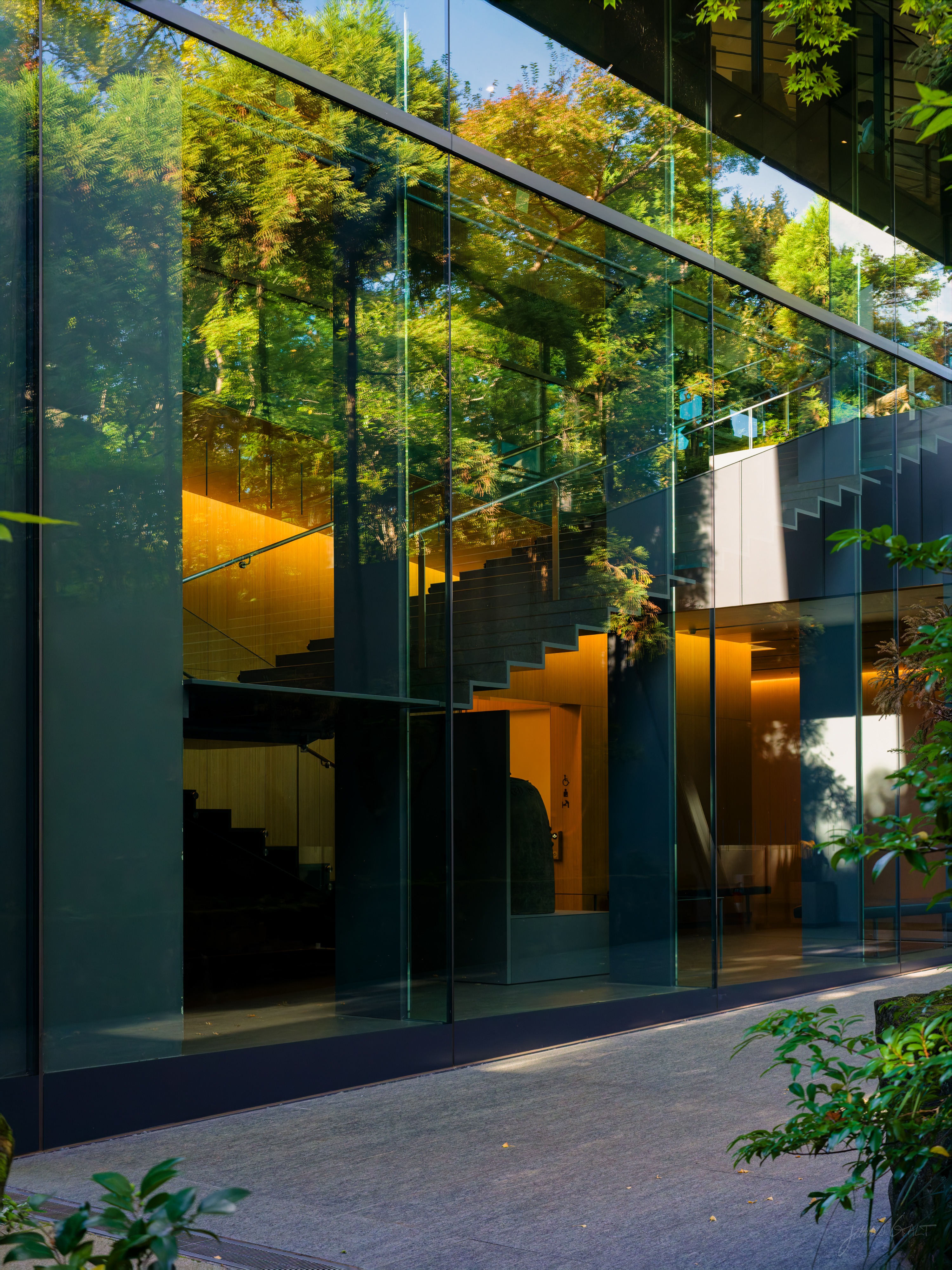 The glass-walled facade of a modern building, its tall panes reflecting surrounding trees while revealing the warm-lit interior behind, where a staircase descends past dark walls. Shrubs and a paved path run along the foreground.