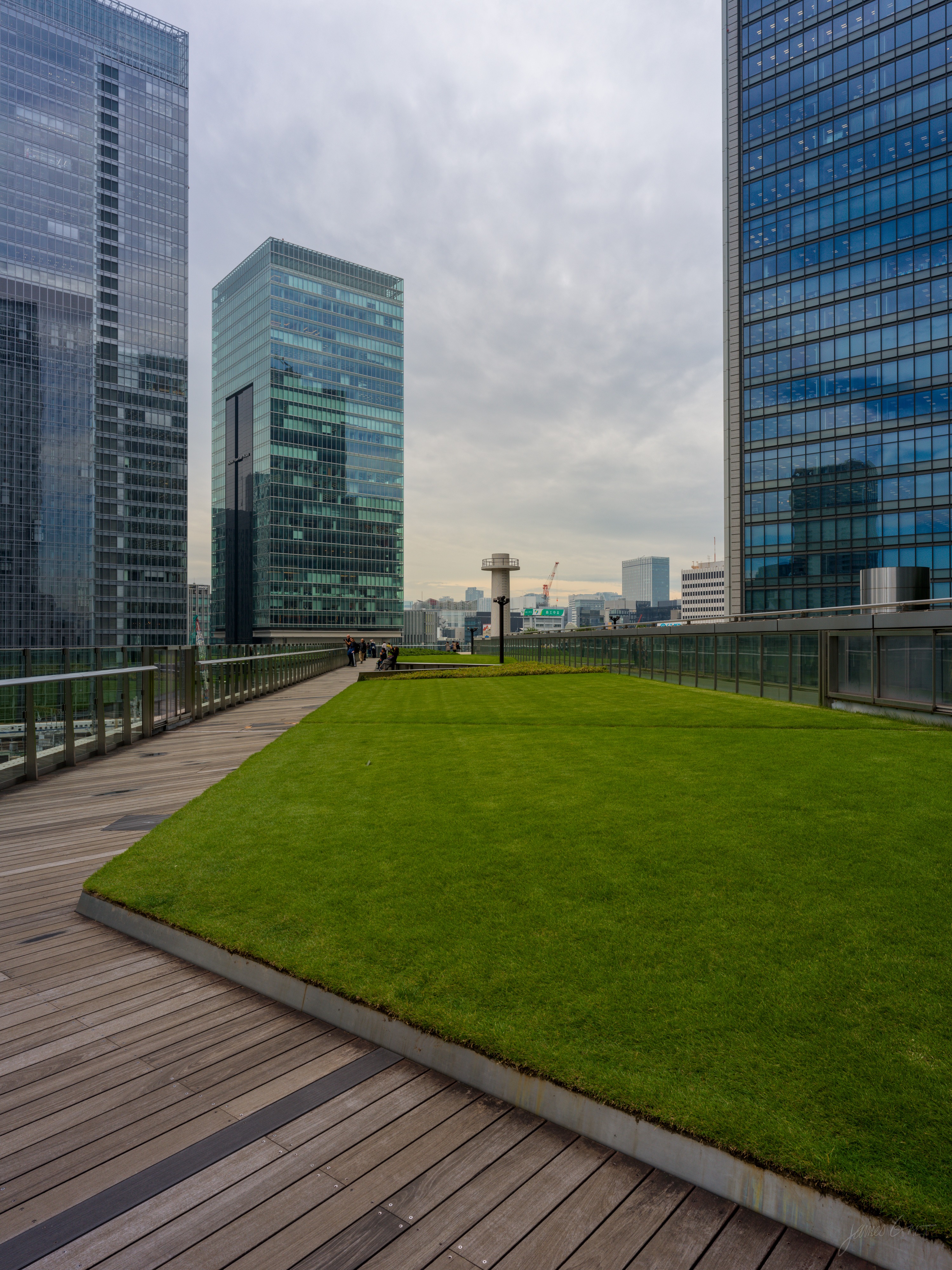 A rooftop terrace with a neat square lawn bordered by wood decking and a glass railing, ringed by tall office buildings under an overcast sky. A few people stand at the far edge looking out.
